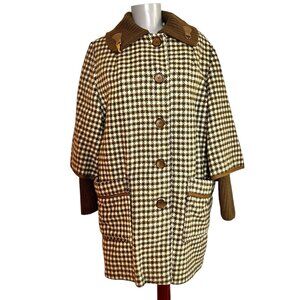 Vtg 60s Davis of Boston Houndstooth Wool Coat Knit Collar Toggle Detail Medium